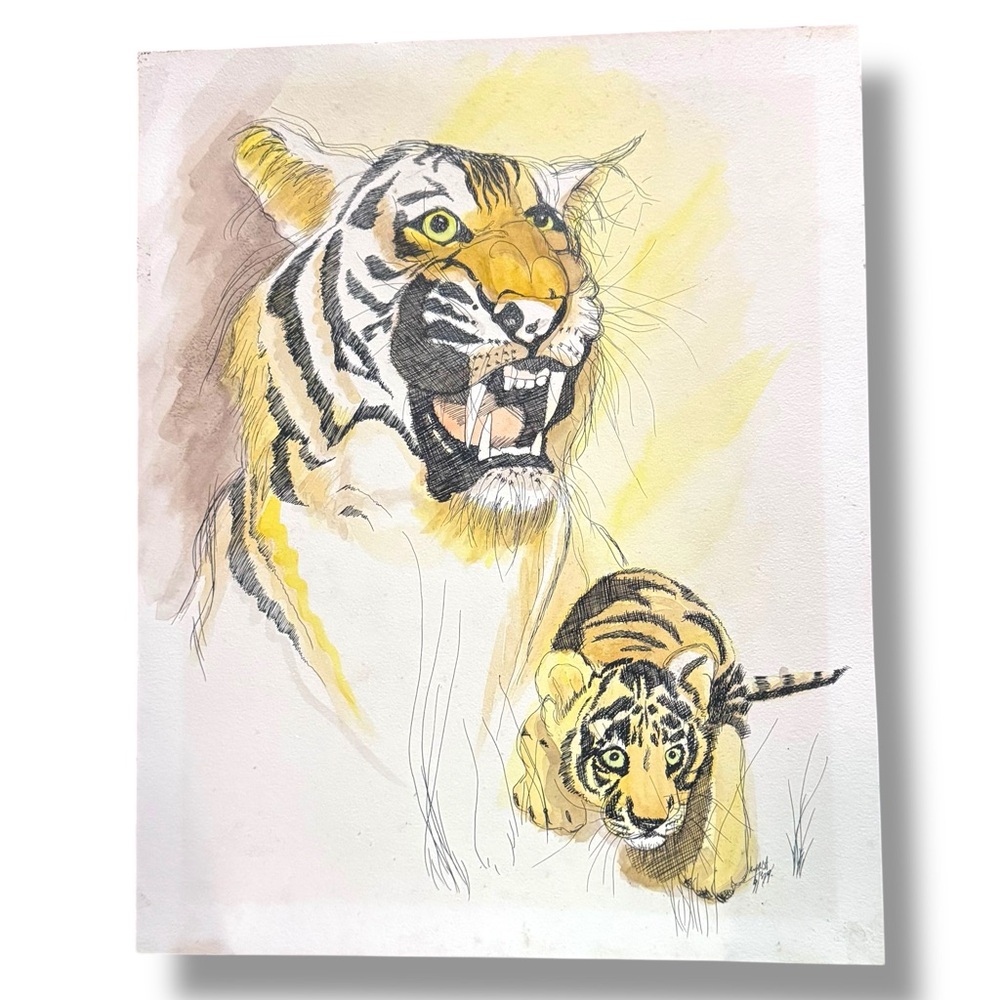 VTG 1979 Original Art  Tiger Ink Art Water Color Asian 23”x16” Signed By Artist